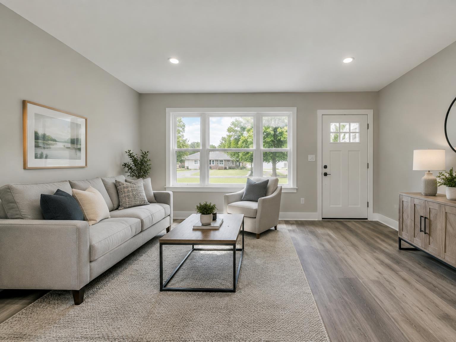 A freshly renovated, staged living room with new floors